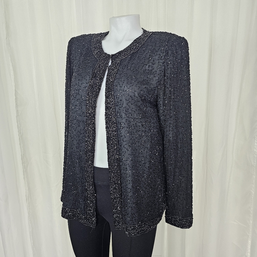 Vintage Laurence Kazar black fully beaded formal jacket neck clasp medium Glam